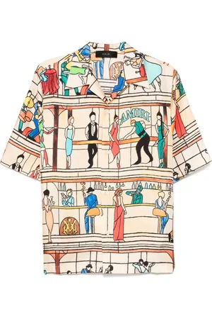 AMIRI Top, Herre, Flerfarvet, XL, Beige Bowling Skjorte med Pool Hall Print