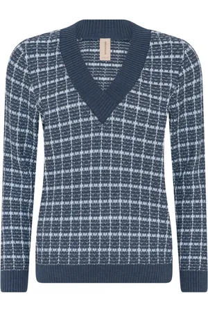 Skovhuus Strik, Dame, Blå, L, Uld, Ternet V-Neck Pullover Indigo Sweater