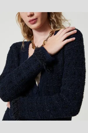 Twin-Set Strik, Dame, Blå, M, Uld, Jacquard Check Cardi-Coat med Frynser