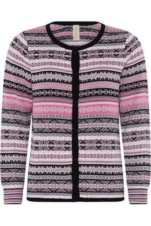 Skovhuus Strik, Dame, Flerfarvet, M, Bomuld, Knappe Jaquard Cardigan Sort/Rosa