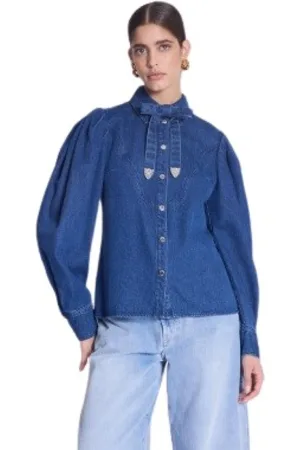 Berenice Bluser & Skjorter, Dame, Blå, M, Denim, Denim Skjorte med Hals Knude