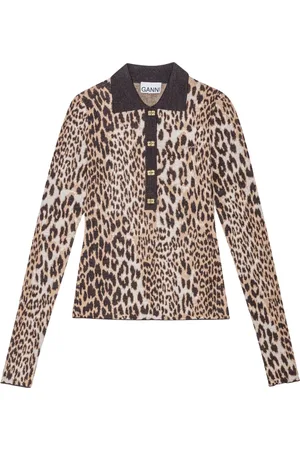 Ganni Bluser & Skjorter, Dame, Brun, M, Leopard Jacquard Polo Shirt