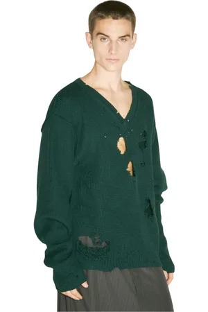 Vetements Strik, Herre, Grøn, M, Uld, Ødelagt Uldstrik V-hals Sweater