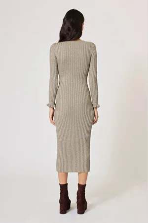 Manoush Kjole, Dame, Grå, M, Polyester, Glitrende Rib Lang Kjole