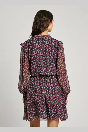 Pepe Jeans Kjole, Dame, Flerfarvet, L, Chiffon, Blomstret Chiffon Minikjole med Ruffles