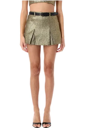 Self-Portrait Shorts, Dame, Gul, S, Uld, Guld Metallic Jacquard Skort med Bælte