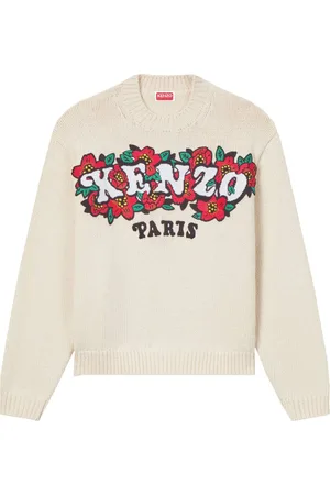 Kenzo Strik, Dame, Hvid, L, Bomuld, Hvid sweater med Boke-blomster