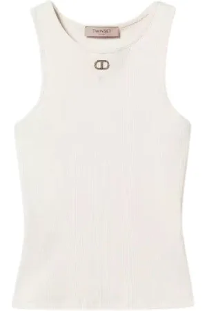 Twin-Set Top, Dame, Hvid, L, Tætsiddende Ribtop med Oval Halsudskæring