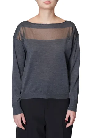 Roberto Collina Top, Dame, Blå, S, Uld, Sort uld bådhals sweater med gennemsigtigt frontindsats
