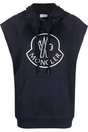 Moncler Sweathshirts & Hoodies, Dame, Blå, S, Bomuld, Ærmeløs Logo Hættetrøje Navy Bomuld