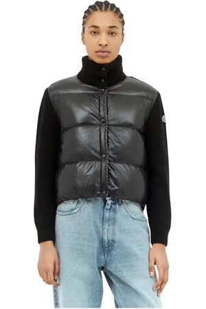 Moncler Jakke, Dame, Sort, L, Uld, Polstret uld cardigan med lynlås