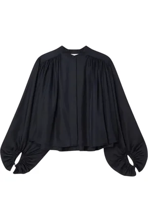 Rohe Bluser & Skjorter, Dame, Sort, S, Silke Plisseret Mandarin Krave Bluse