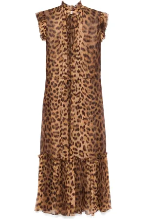 ZIMMERMANN Kjole, Dame, Brun, S, Leopard Print Flutter Midi Kjole