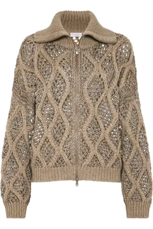 Brunello Cucinelli Strik, Dame, Brun, XS, Cashmere, Brun cashmere cardigan med pailletter