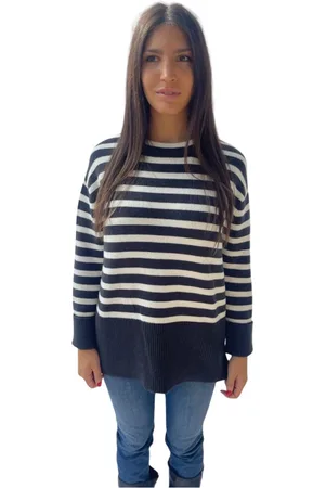 Gran Sasso Strik, Dame, Blå, L, Uld, Stribet rundhals sweaters med kontrast manchetter