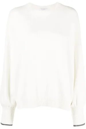 Brunello Cucinelli Strik, Dame, Hvid, S, Cashmere, Hvid Cashmere Sweater med Feminine Detaljer