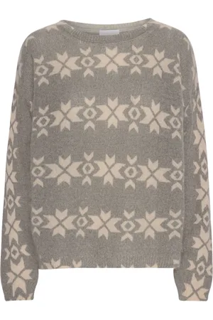 American Dreams Strik, Dame, Flerfarvet, M, Uld, Nordisk Pullover Grå Med Hvidt Print