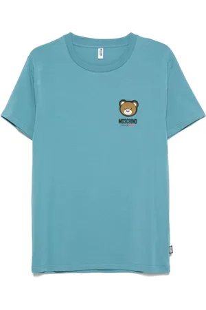 Moschino Top, Herre, Blå, M, Blå Logo-Tape Crew Neck T-shirts