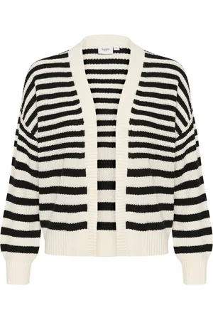 Saint Tropez Strik, Dame, Sort, 2XL, Uld, Stribet Åben Cardigan Sort