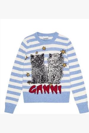Ganni Strik, Dame, Blå, M, Uld, Stribet Katte Grafisk Crewneck Sweater