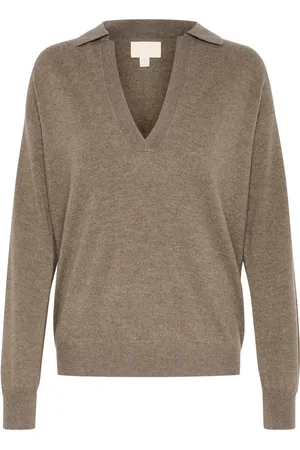 Soaked in Luxury Strik, Dame, Brun, 2XL, Uld, Kaffe Kvarts Melange Polo Pullover Sweater