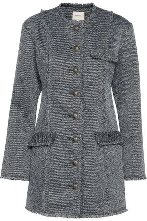 Gestuz Frakke, Dame, Grå, XL, Uld, Blå Twill Struktur Kjole med Knapper