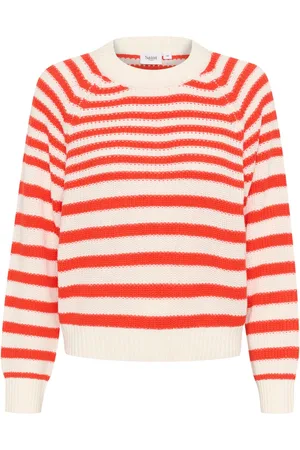 Saint Tropez Strik, Dame, Rød, M, Uld, Stribet Pullover Sweater Flame Scarlet