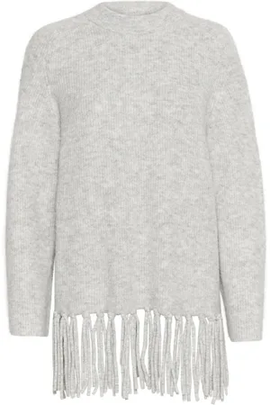 Kaffe Strik, Dame, Grå, M, Uld, Grå Melange Strik Pullover med Frynser