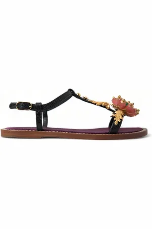 Dolce & Gabbana Sko, Dame, Sort, 35 EU, Læder, Elegante flade sandaler med krystaludsmykning