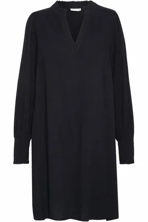 Kaffe Kjole, Dame, Sort, 2XL, Uld, Sort Dyb Kjole med Smock Manchetter