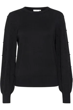 Kaffe Strik, Dame, Sort, L, Nylon, Sort Strik Pullover med Puff Ærmer