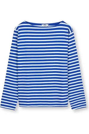 Mads Norgaard Top, Dame, Blå, M, Bomuld, Stribet Langærmet Tee Bluing/White Alyssum