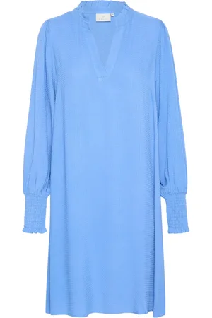 Kaffe Kjole, Dame, Blå, 3XL, Uld, Flowing Kjole med Smock Manchetter