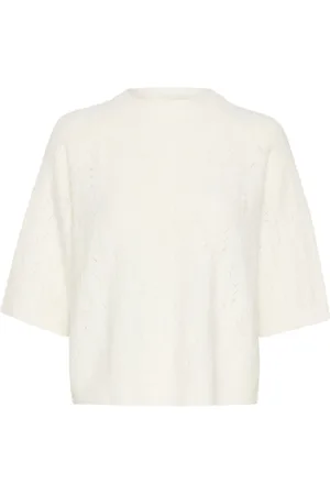 Kaffe Strik, Dame, Hvid, XL, Uld, Blød Strik Pullover med Halve Ærmer