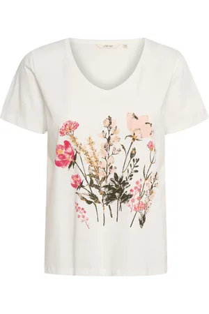 Cream Top, Dame, Hvid, L, Uld, V-Neck T-shirt med frontprint