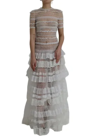Dolce & Gabbana Kjole, Dame, Hvid, XS, Nylon, Gennemsigtig Lagdelt Blonde Maxi Kjole