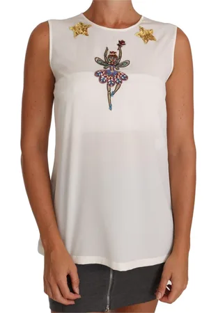 Dolce & Gabbana Top, Dame, Hvid, L, Fortryllet silkebluse med krystaludsmykning