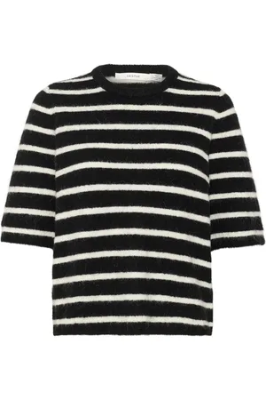 Gestuz Strik, Dame, Sort, L, Uld, Stribet T-shirt med halve ærmer