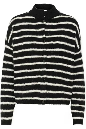 Gestuz Strik, Dame, Sort, XL, Uld, Stribet Kort Cardigan Sort Elfenben