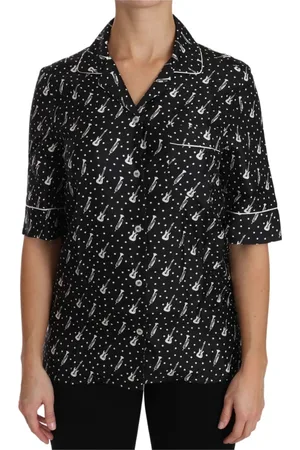 Dolce & Gabbana Bluser & Skjorter, Dame, Sort, XS, Silke Guitar Trompet Print Polo Top