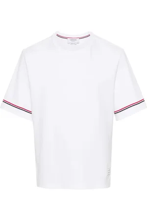 Thom Browne Top, Herre, Hvid, L, Bomuld, Stribet bomulds T-shirt med logo