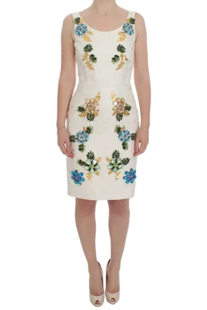 Dolce & Gabbana Kjole, Dame, Hvid, XS, Bomuld, Hvid Blomstret Brokade Sicily Kjole