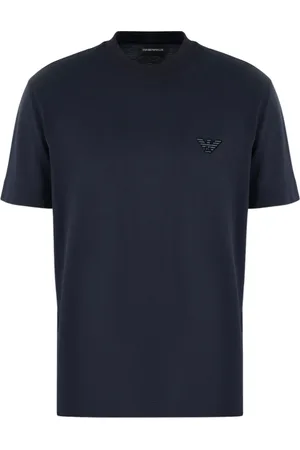 Emporio Armani Top, Herre, Blå, XL, Bomuld, Flocked Logo Crewneck T-shirt