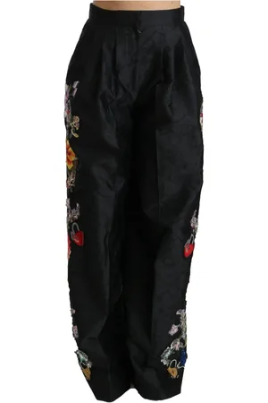 Dolce & Gabbana Bukser, Dame, Sort, S, Polyester, Elegant bukser med høj talje og bredt ben med blomstermønster