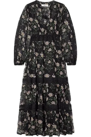 SEA Kjole, Dame, Sort, L, Bomuld, Blomstret Midi Kjole med Blondeindsatser