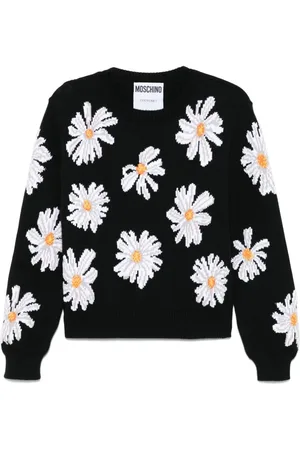 Moschino Strik, Dame, Sort, S, Sort Crew Neck Sweater med Logo Patch