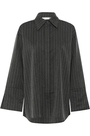 Karen by Simonsen Bluser & Skjorter, Dame, Grå, M/L, Uld, Pinstripe Skjortebluse Langærmet