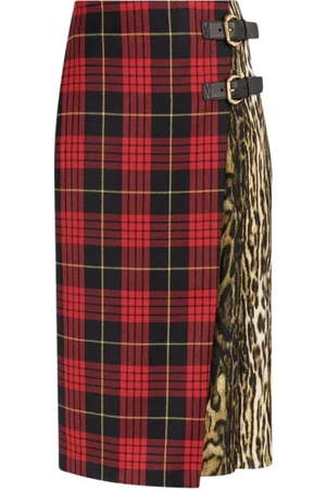 Roberto Cavalli Nederdel, Dame, Flerfarvet, S, Uld, Tartan Ocelot-Print Nederdel Høj Talje