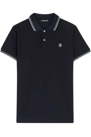 Roberto Cavalli Top, Herre, Blå, M, Bomuld, Monogram Polo Shirt med broderet logo
