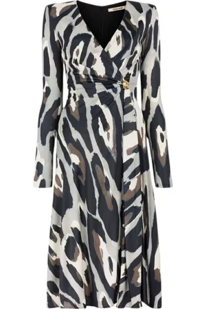 Roberto Cavalli Kjole, Dame, Grå, L, Uld, Jaguar-Print Wrap Midi Kjole